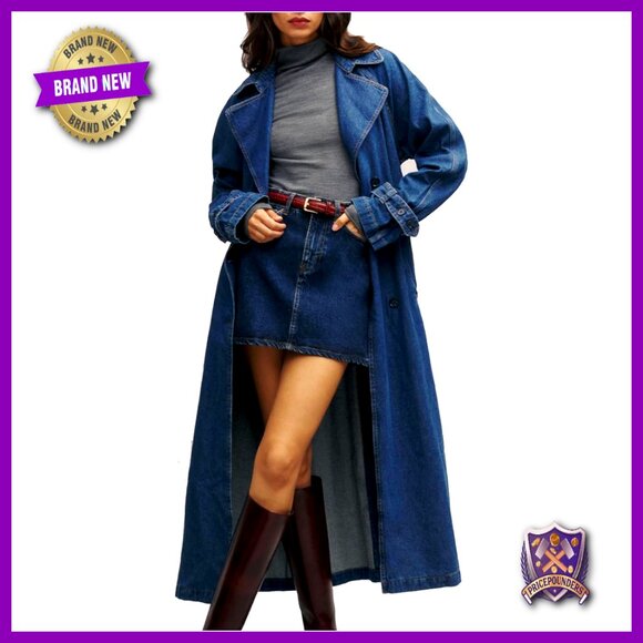 Jackets & Blazers - Denim Trench Coat Double Breasted Midi Overcoat Classic Lapel Long Jacket With